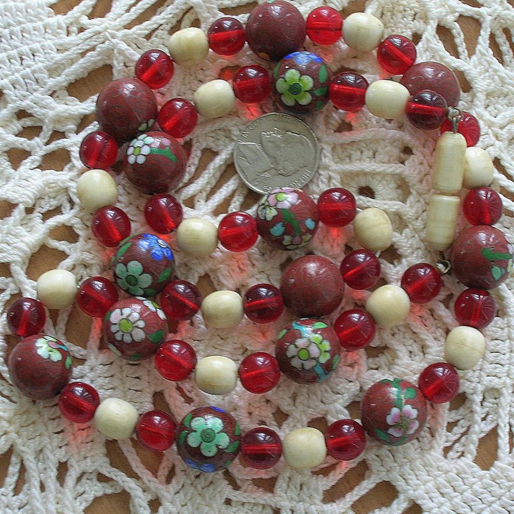 Antique Vintage Chinese Cloisonne Ruby Glass Carved Coral Necklace 475$